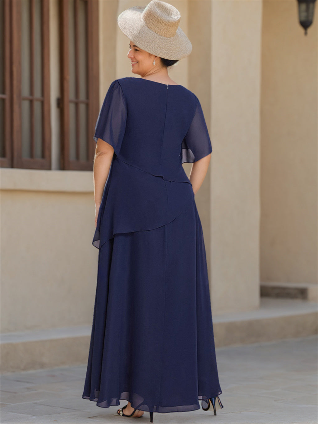 Scoop Neck Chiffon Mother Of The Bride Dress Half Sleeves A Line Princess Style