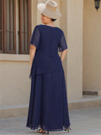 Scoop Neck Chiffon Mother Of The Bride Dress Half Sleeves A Line Princess Style