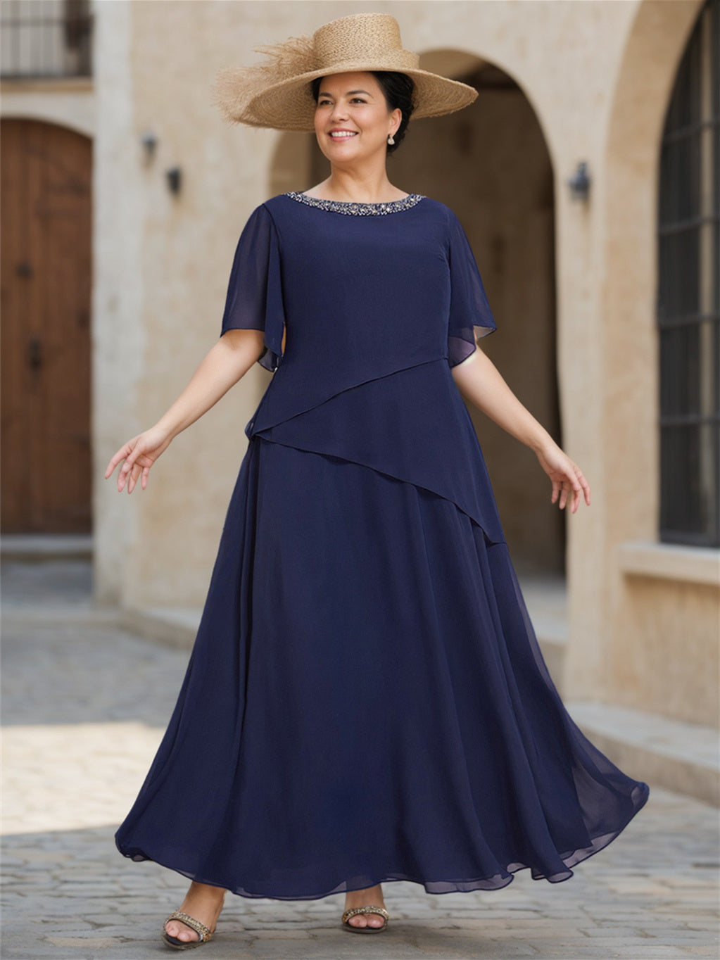 Scoop Neck Chiffon Mother Of The Bride Dress Half Sleeves A Line Princess Style