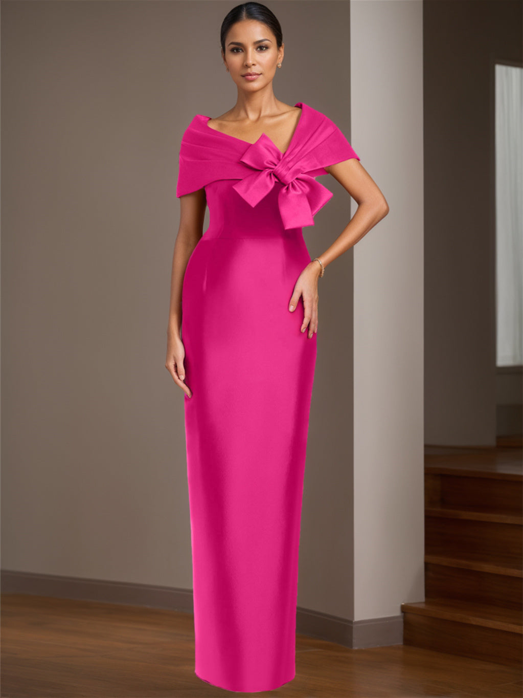 Satin Floor Length Sleeveless Mother Of The Bride Dress With Asymmetrical Bow