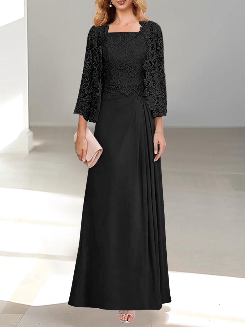 2 A-Line/Princess Scoop Mother of the Bride Dresses with Pleated & Lace Appliques Floor-Length