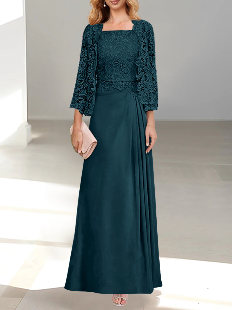 2 A-Line/Princess Scoop Mother of the Bride Dresses with Pleated & Lace Appliques Floor-Length