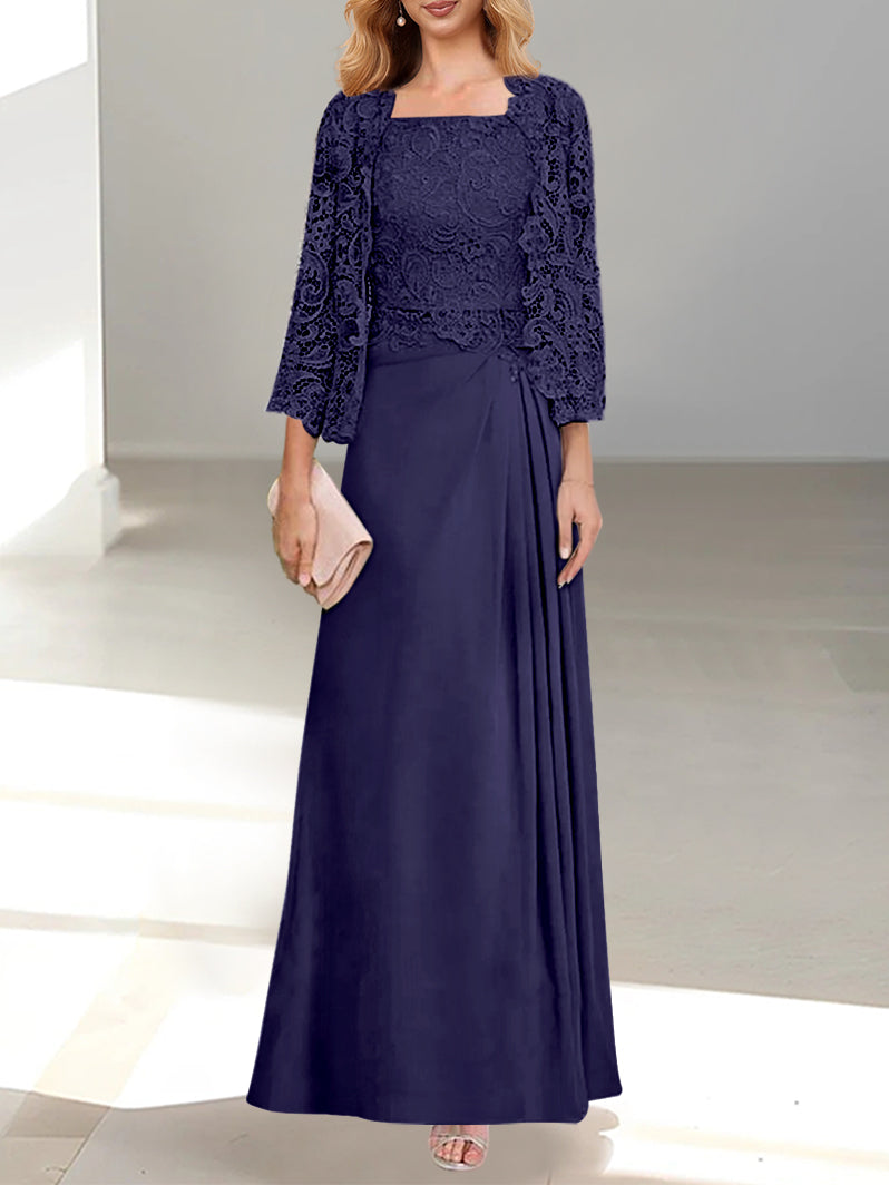 2 A-Line/Princess Scoop Mother of the Bride Dresses with Pleated & Lace Appliques Floor-Length