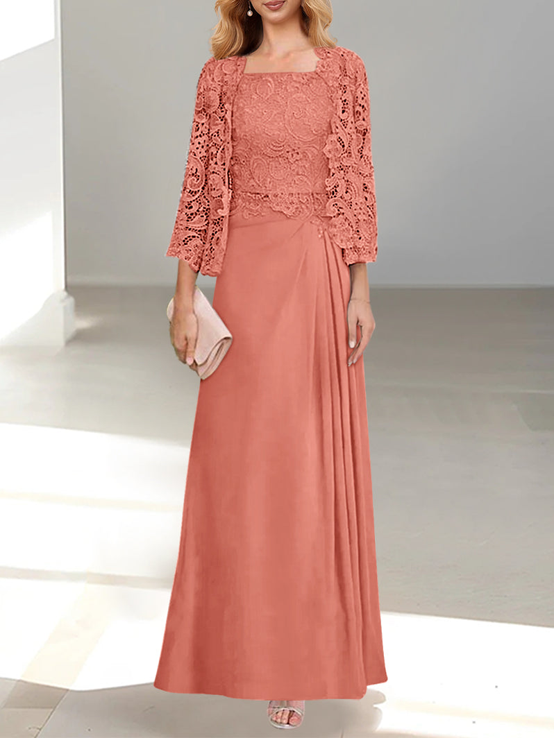 2 A-Line/Princess Scoop Mother of the Bride Dresses with Pleated & Lace Appliques Floor-Length