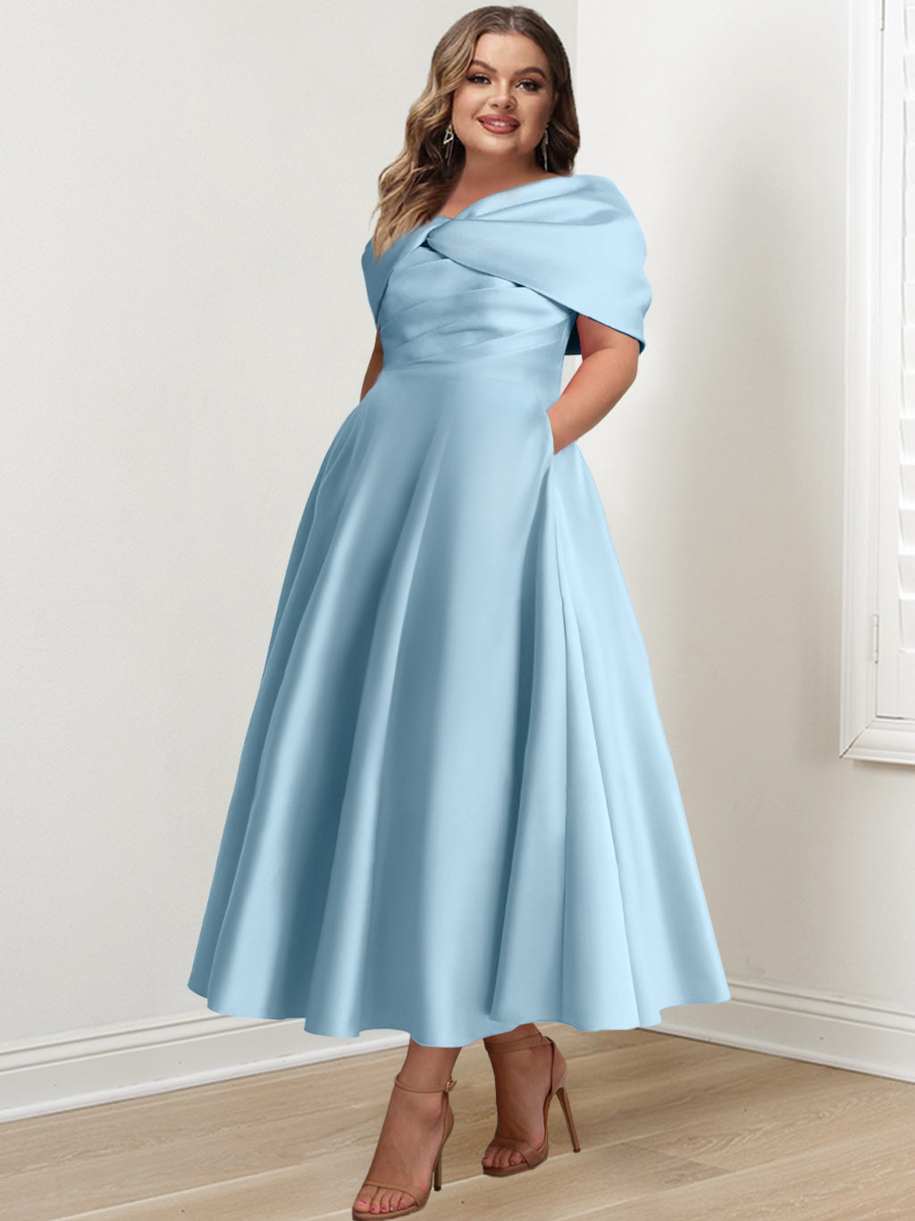 Plus Size Off Shoulder Mother Of The Bride Dress Ankle Length Ruffles Bowknot