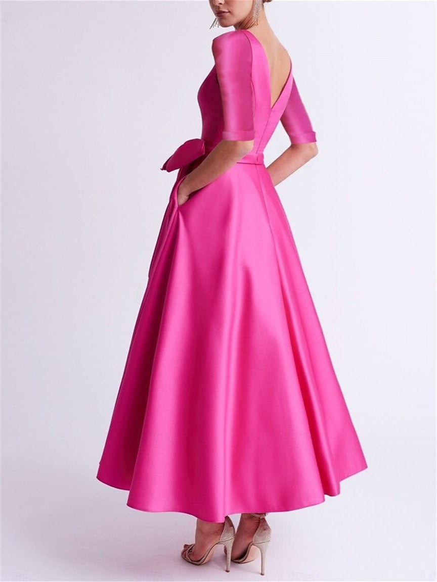 V Neck Satin A Line Tea Length Mother Of The Bride Dress With Bow Details