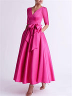 V Neck Satin A Line Tea Length Mother Of The Bride Dress With Bow Details