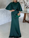 Floor Length Belted Mother of the Bride Dress With Half Sleeves Sheath Neckline