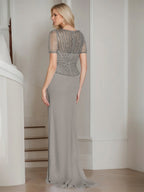 V Neck Short Sleeve Floor Length Sheath Dress For The Mother Of The Bride