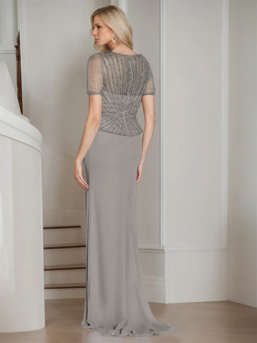V Neck Short Sleeve Floor Length Sheath Dress For The Mother Of The Bride