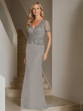 V Neck Short Sleeve Floor Length Sheath Dress For The Mother Of The Bride