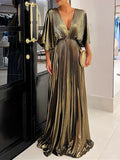 V Neck A Line Mother of the Bride Dress Floor Length Ruched Detail Half Sleeves