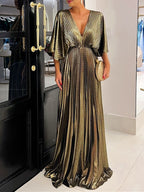 V Neck A Line Mother of the Bride Dress Floor Length Ruched Detail Half Sleeves