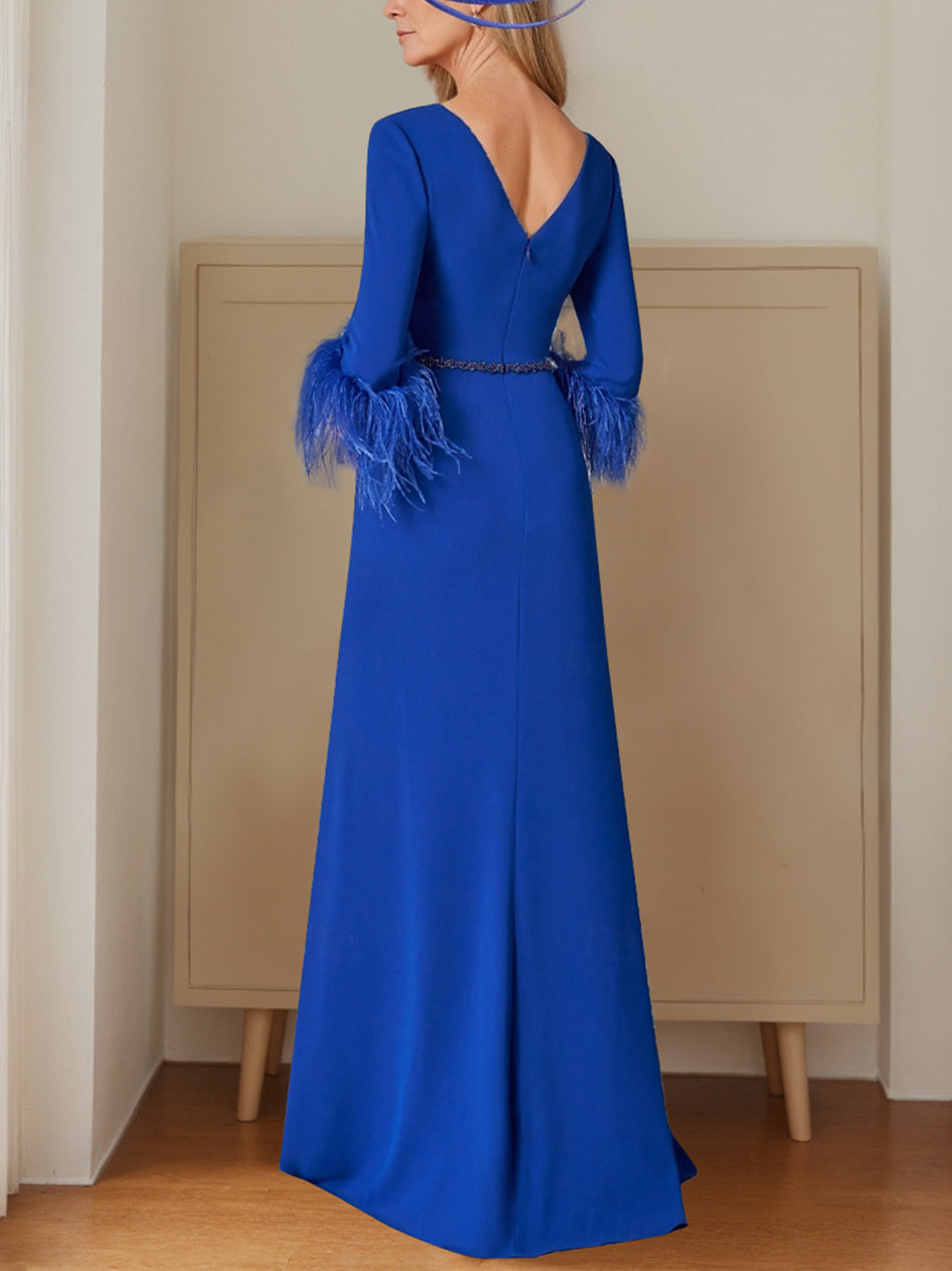 Princess A Line Floor Length Mother Of The Bride Dress Plunging Neckline Sleeves
