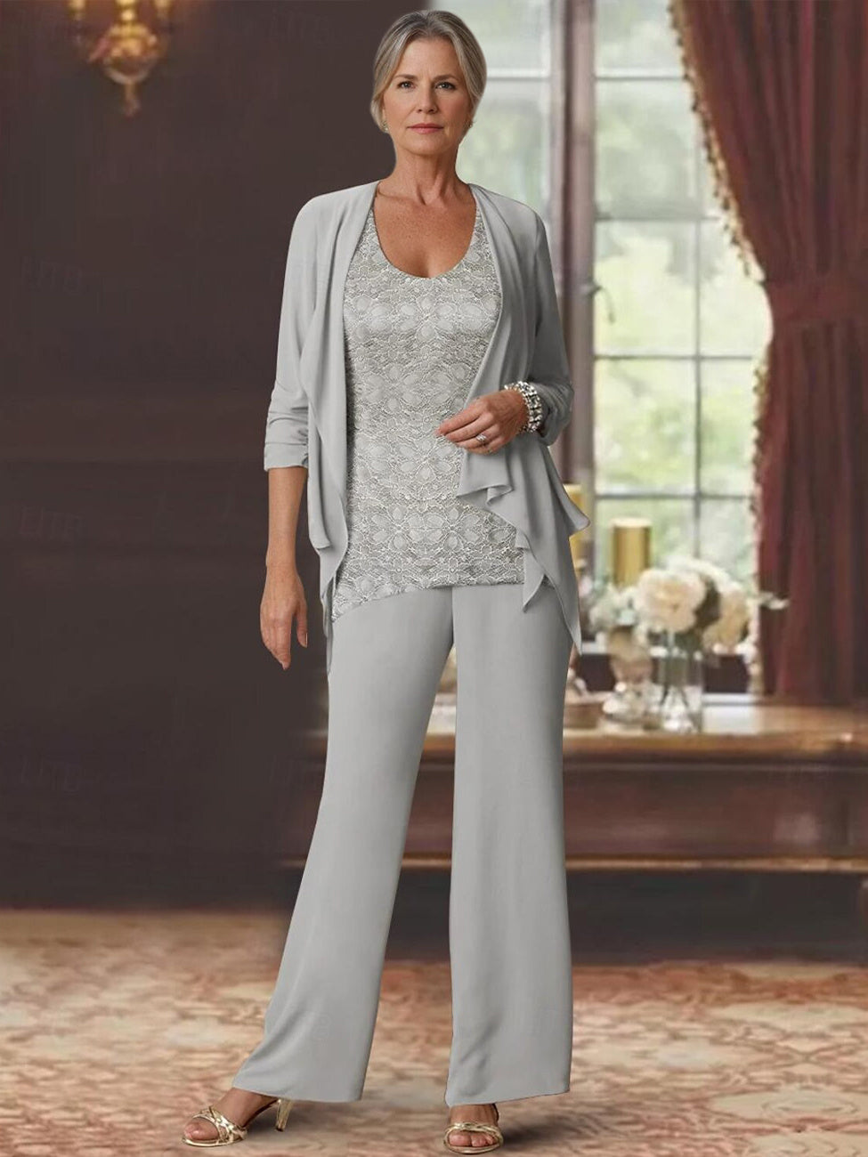 Mother Of The Bride Lace Jumpsuit Long Sleeve Scoop Neck