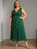 Pure Color Tea Length Mother Of The Bride Dress With Vneck And Aline Silhouette