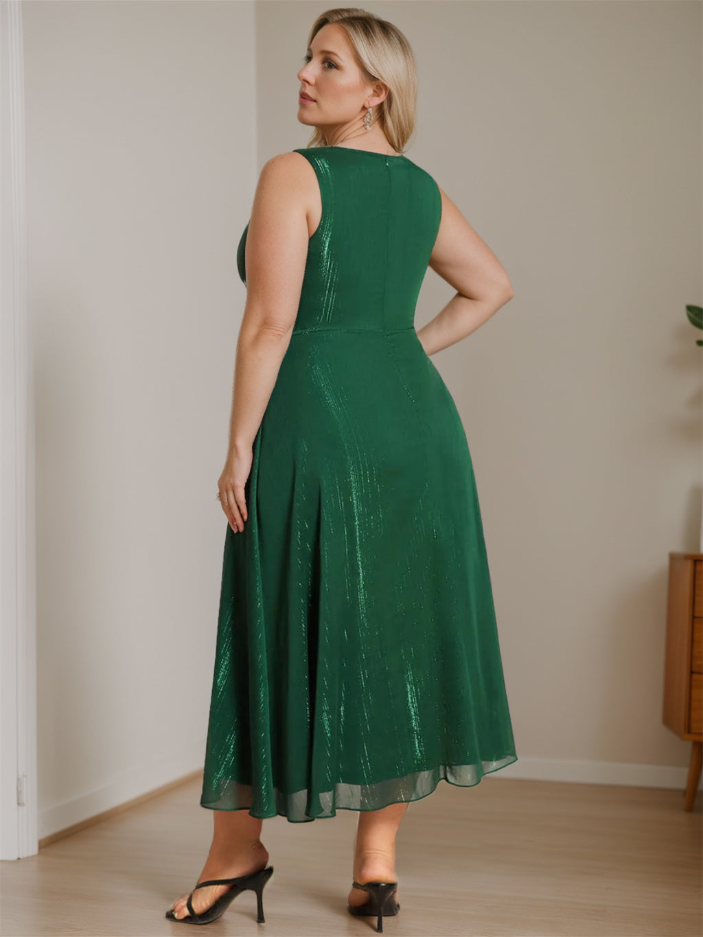Pure Color Tea Length Mother Of The Bride Dress With Vneck And Aline Silhouette