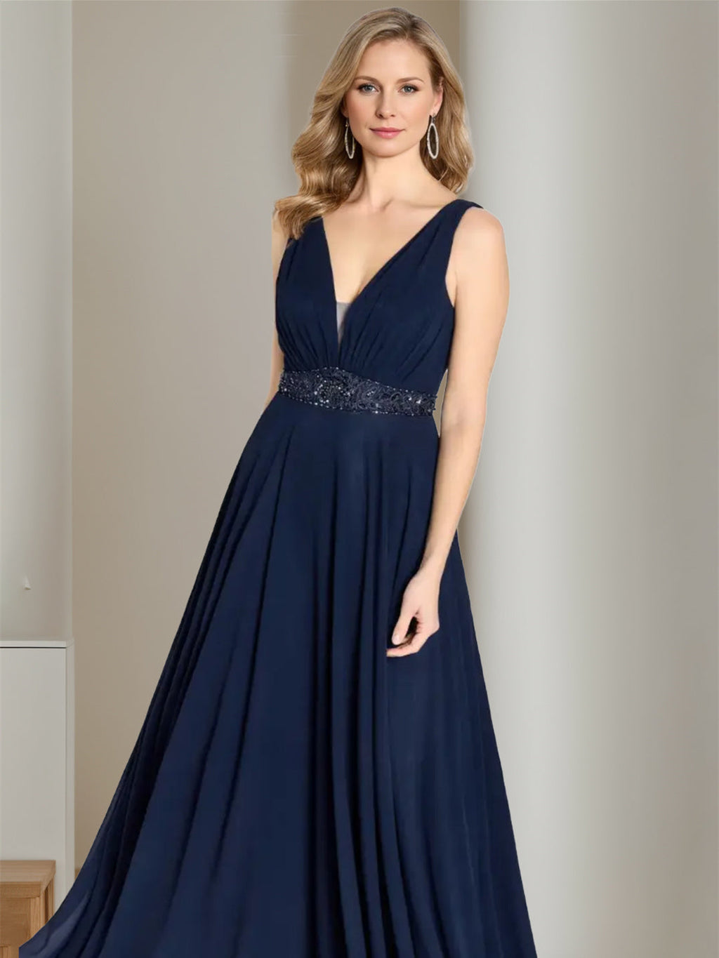 V Neck Sleeveless A Line Floor Length Mother Of The Bride Dress