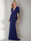 V Neck Floor Length Three Quarter Sleeves Mother Of The Bride Dress With Ruffles