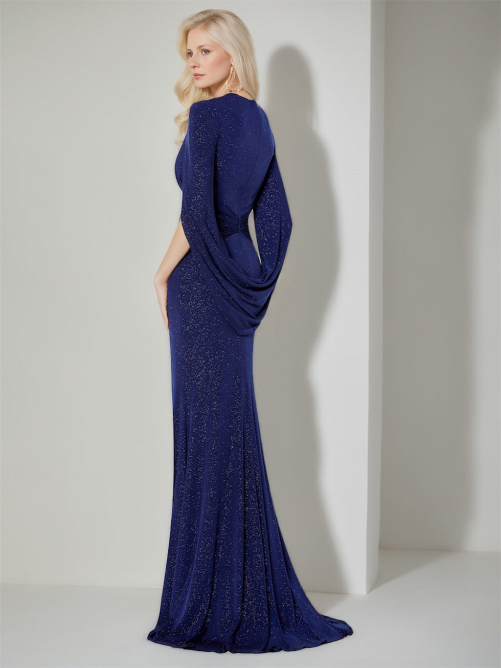 V Neck Floor Length Three Quarter Sleeves Mother Of The Bride Dress With Ruffles