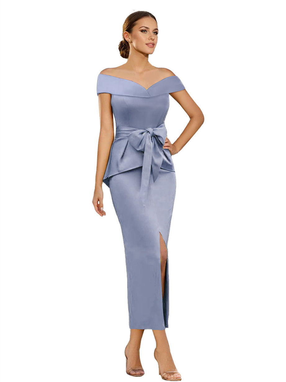 Pure Color Off The Shoulder Sleeveless Ankle Length Sheath Dress Mother Of Bride