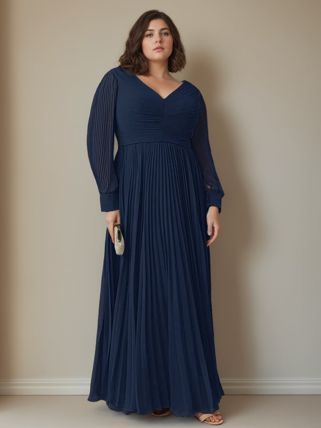 Plus Size Floor Length A Line Pleated Mother Of The Bride Dress With V Neck