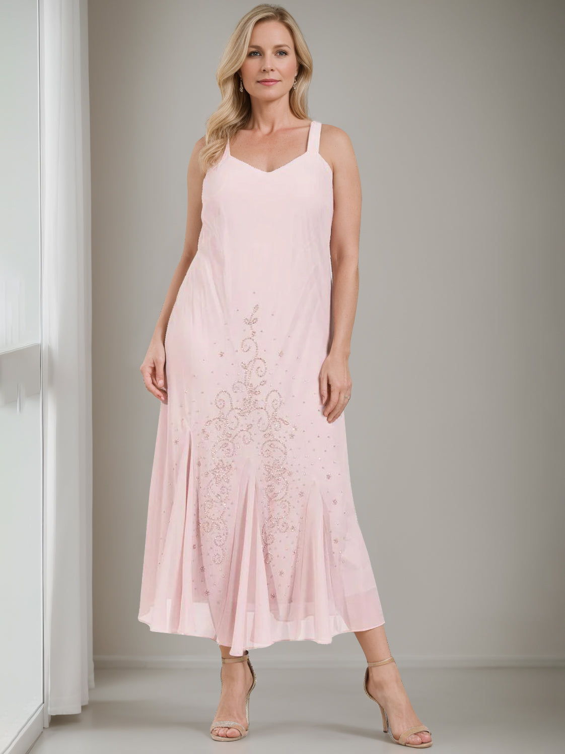 V Neck A Line Two Piece Plus Size Mother Of The Bride Dress Jacket Tea Length