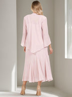 V Neck A Line Two Piece Plus Size Mother Of The Bride Dress Jacket Tea Length