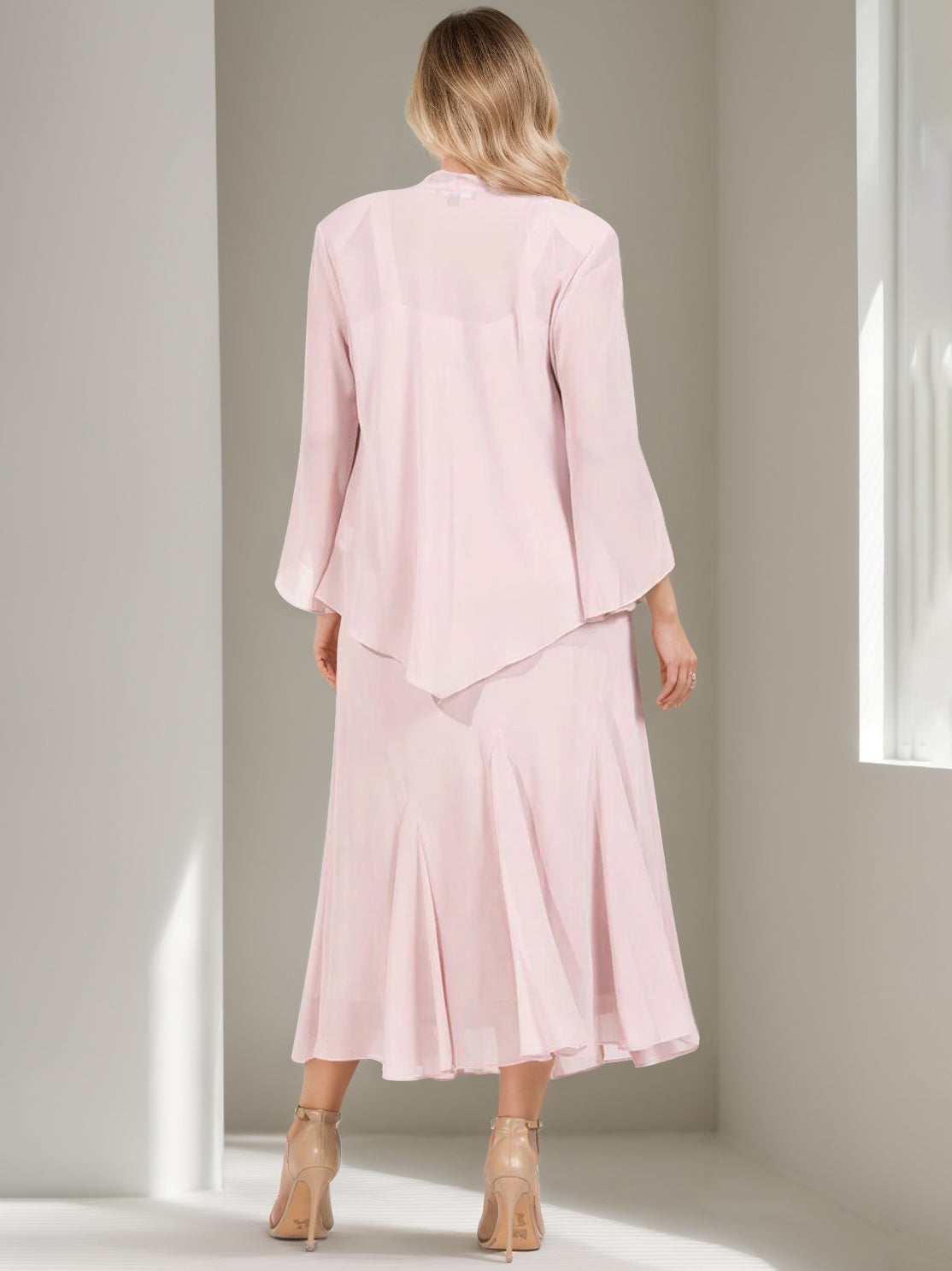 V Neck A Line Two Piece Plus Size Mother Of The Bride Dress Jacket Tea Length