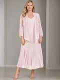 V Neck A Line Two Piece Plus Size Mother Of The Bride Dress Jacket Tea Length