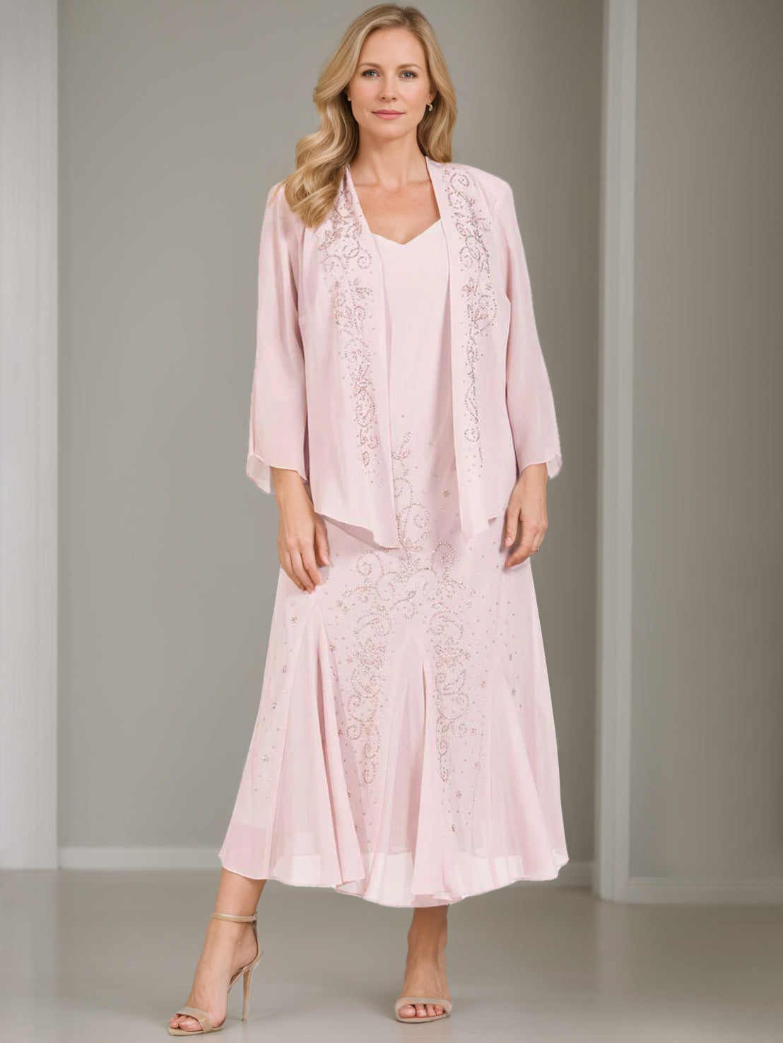 V Neck A Line Two Piece Plus Size Mother Of The Bride Dress Jacket Tea Length