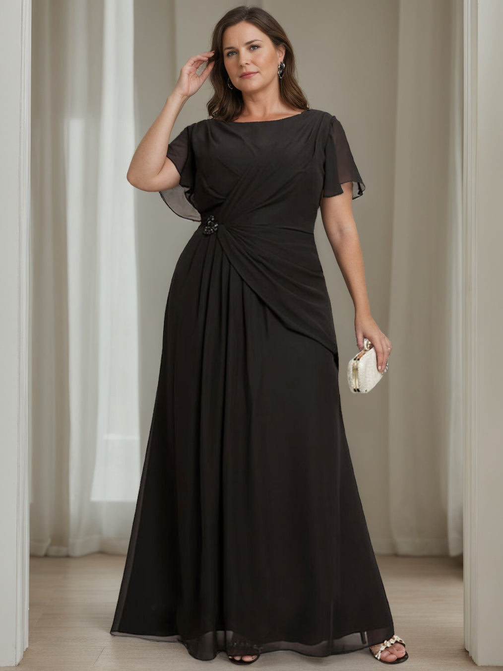 Plus Size Floor Length A Line Mother Of The Bride Dress With Ruffles Round Neck