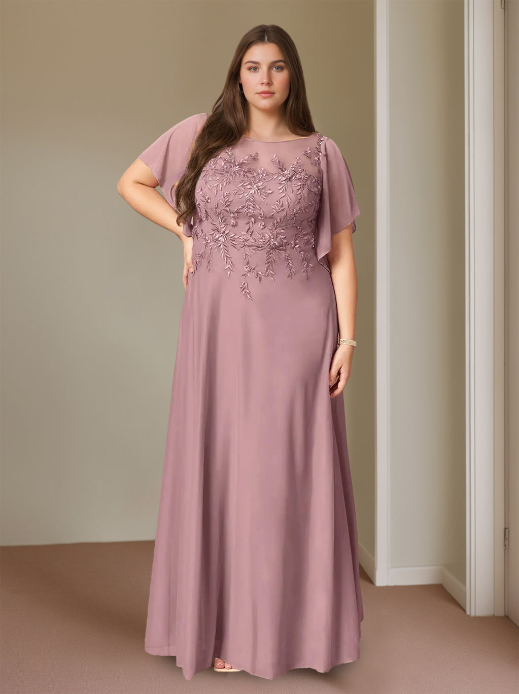 Plus Size Floor Length Mother Of Bride Dress With Lace Round Neck Short Sleeves
