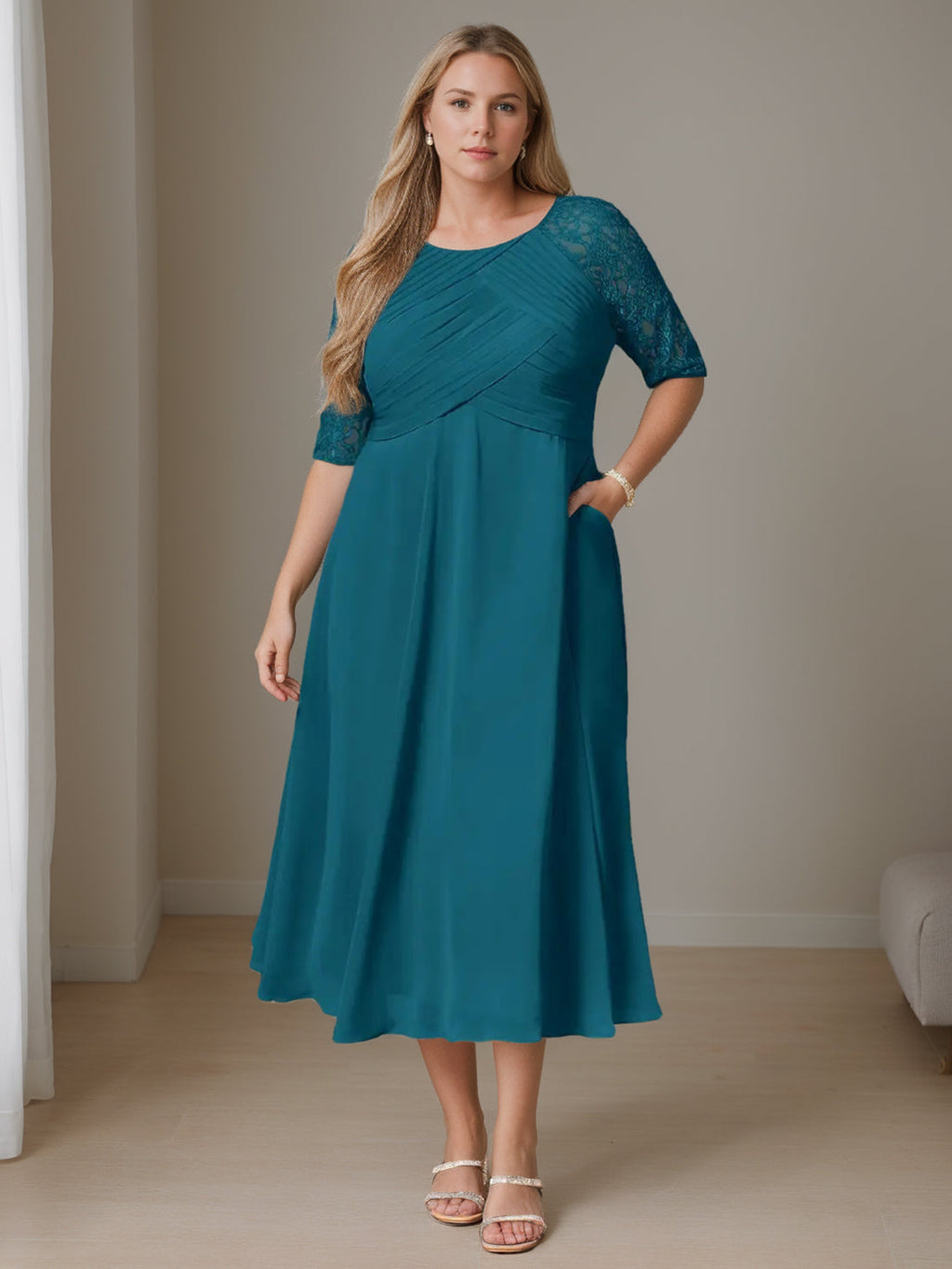 Plus Size Tea Length A Line Dress Ruffles Round Neck Half Sleeves