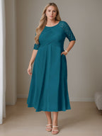 Plus Size Tea Length A Line Dress Ruffles Round Neck Half Sleeves