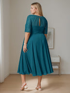 Plus Size Tea Length A Line Dress Ruffles Round Neck Half Sleeves