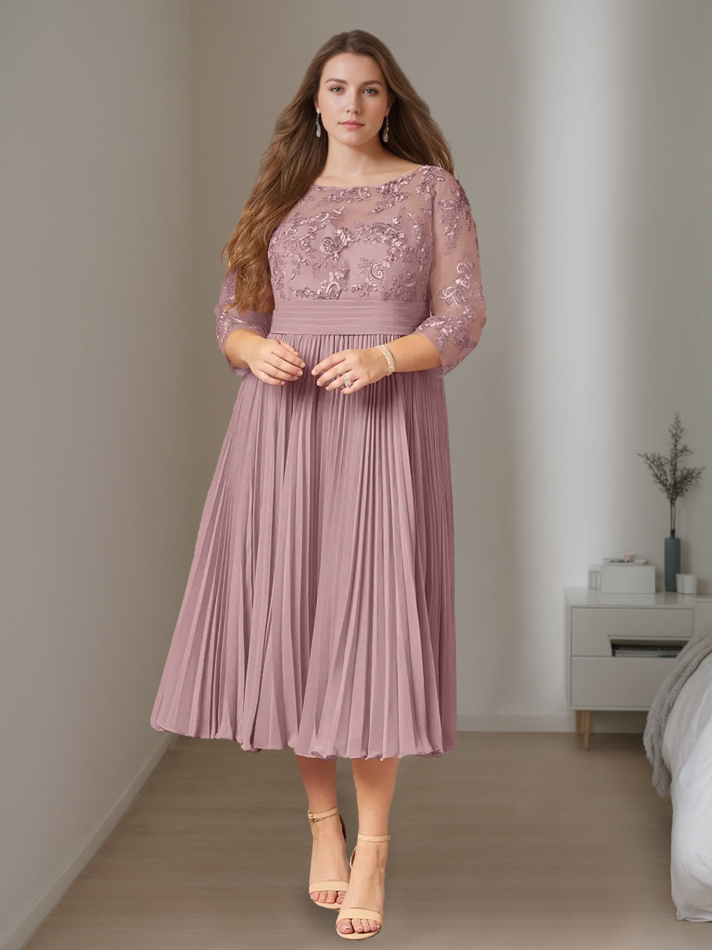 Plus Size Mother of the Bride Tea Length A Line Dress With Scoop Neck Ruffles