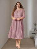 Plus Size Mother of the Bride Tea Length A Line Dress With Scoop Neck Ruffles