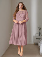 Plus Size Mother of the Bride Tea Length A Line Dress With Scoop Neck Ruffles
