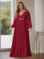 Plus Size A-Line Mother Of The Bride Dress With V-Neck And Ruffled Sleeves