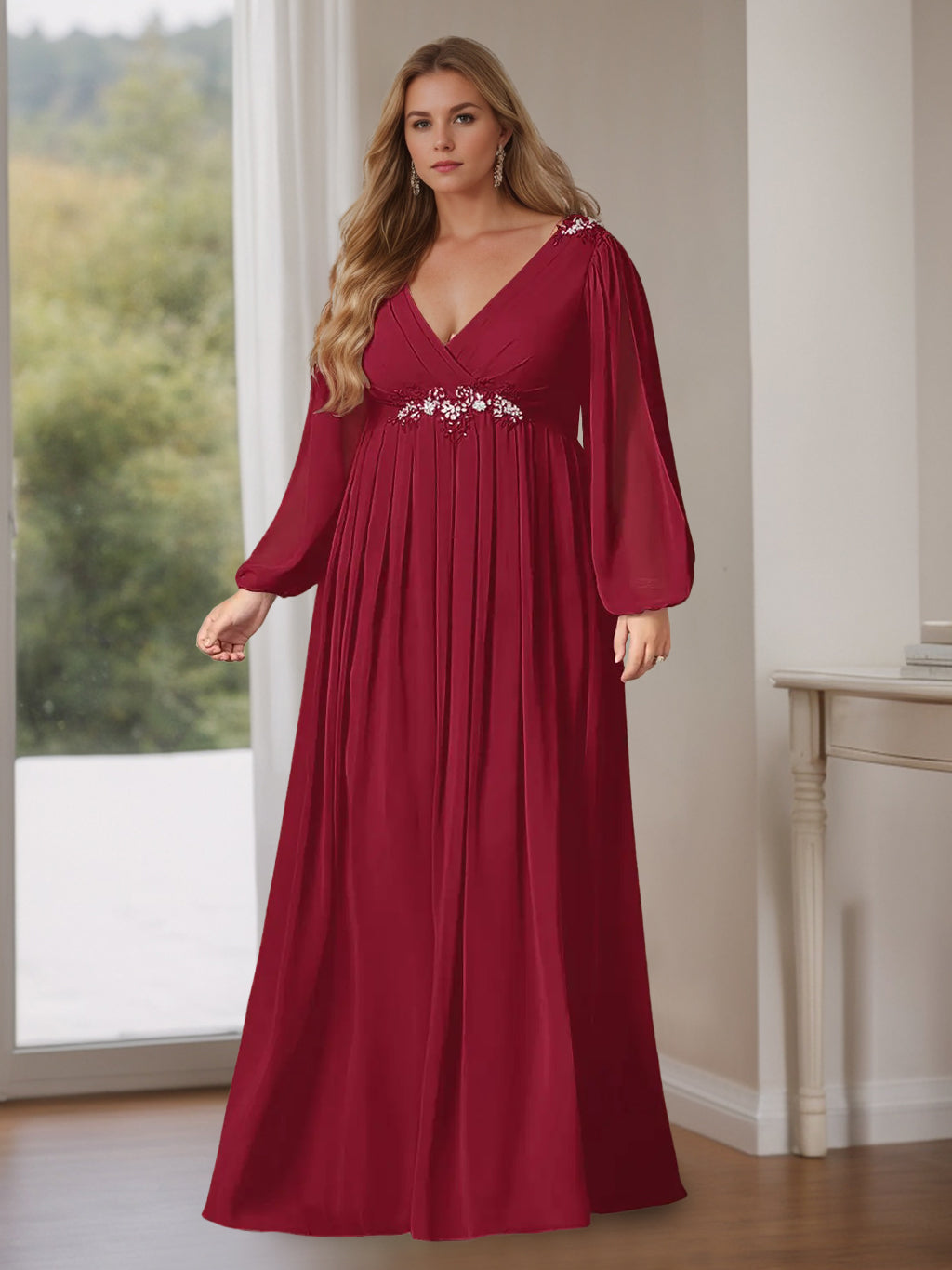 Plus Size A-Line Mother Of The Bride Dress With V-Neck And Ruffled Sleeves
