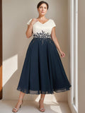 Plus Size Tea Length Mother of the Bride Dress With Lace V Neck Short Sleeves