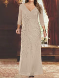 V-Neck 3/4 Sleeve Floor-Length Sequined Mother of the Bride Sheath Dress