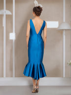 Tea Length Mother Of The Bride Dress With Jewel Neck And Button Sleeves Mermaid