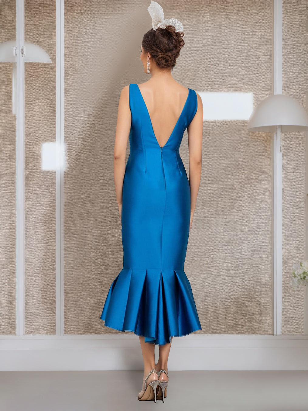 Tea Length Mother Of The Bride Dress With Jewel Neck And Button Sleeves Mermaid