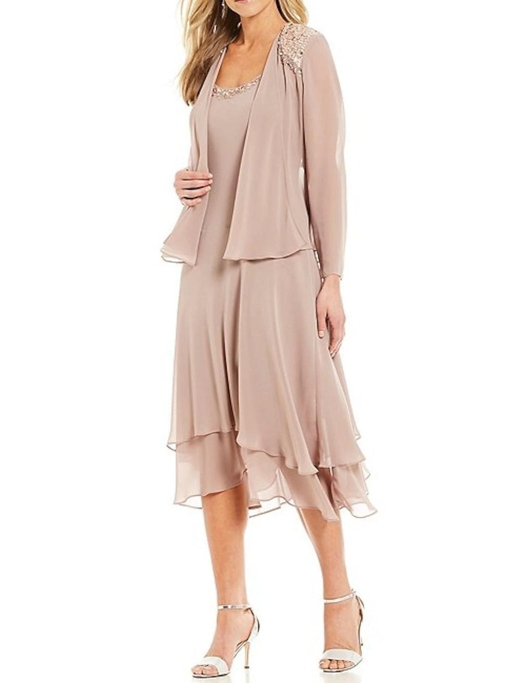 Mother Of The Bride Sleeveless Tea Length Pantsuit With Jacket A Line Round Neck
