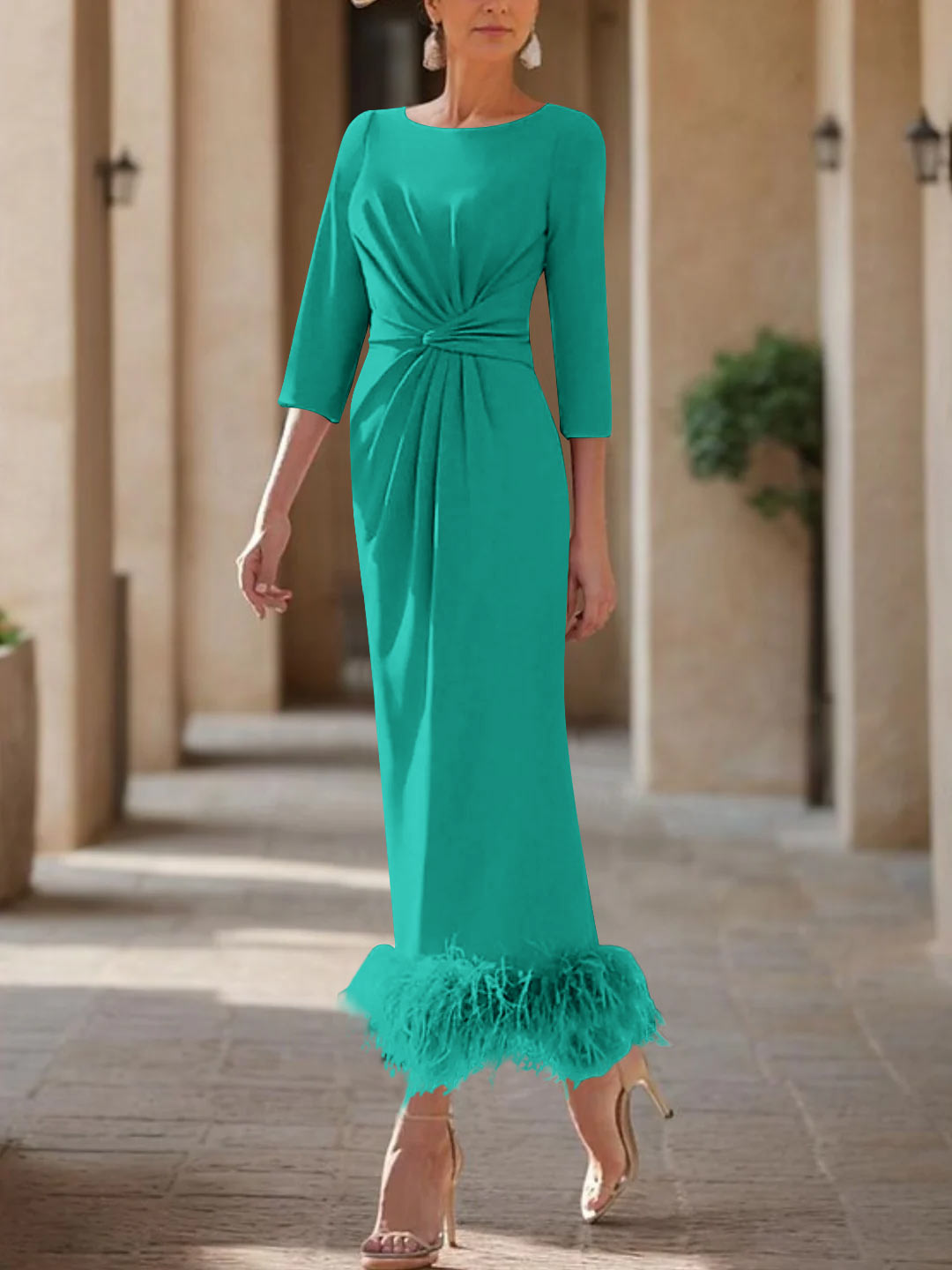 Elegant Feathered Scoop Neck Ankle Length Dress For Mothers Of The Bride