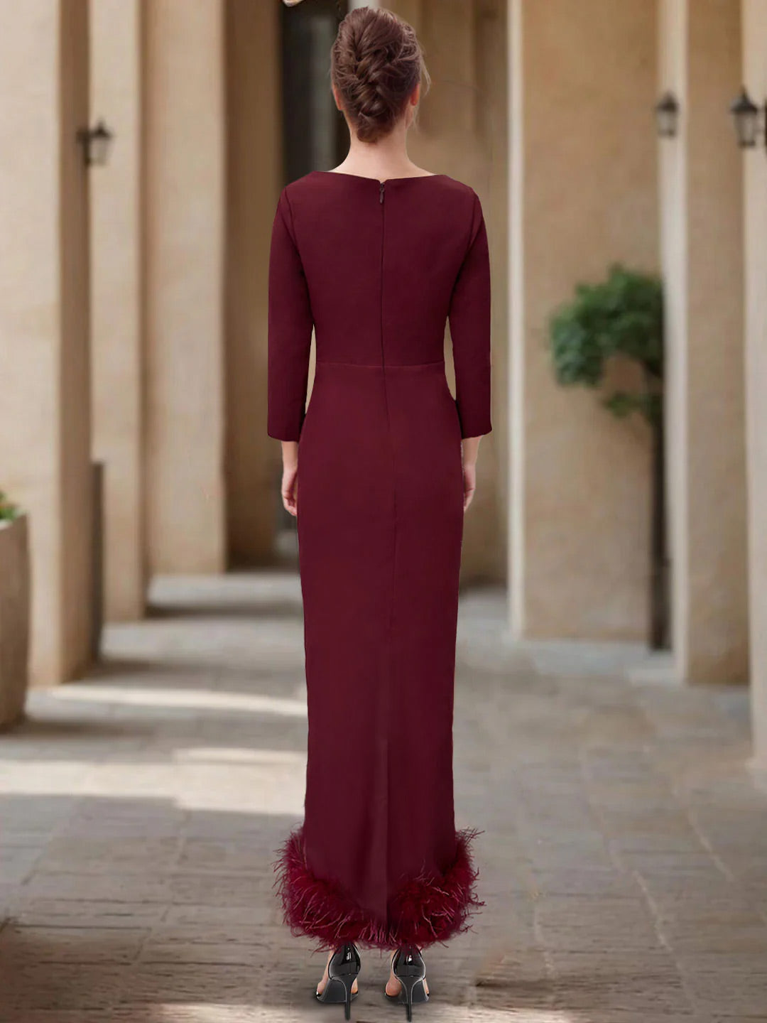 Elegant Feathered Scoop Neck Ankle Length Dress For Mothers Of The Bride