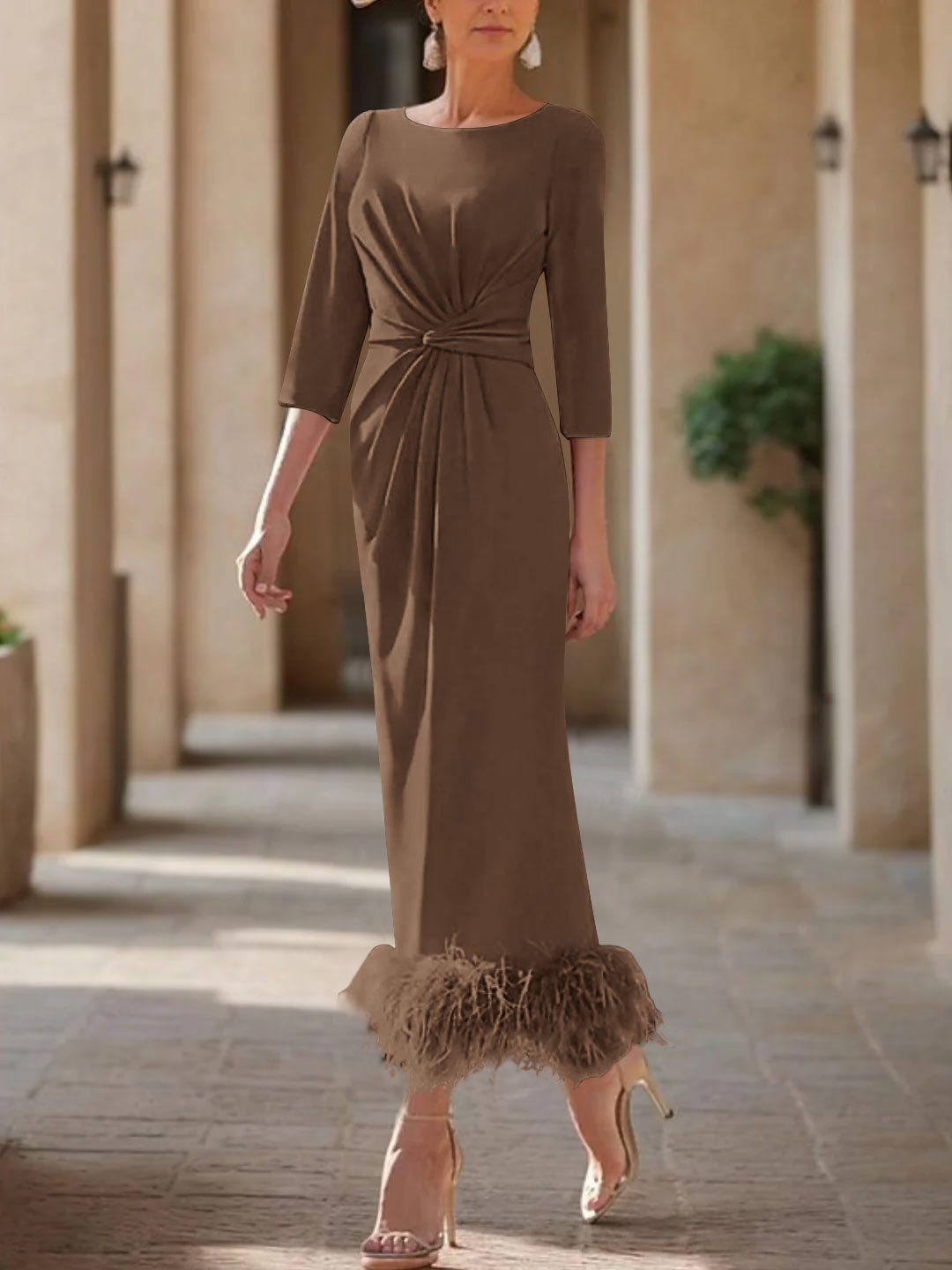 Elegant Feathered Scoop Neck Ankle Length Dress For Mothers Of The Bride