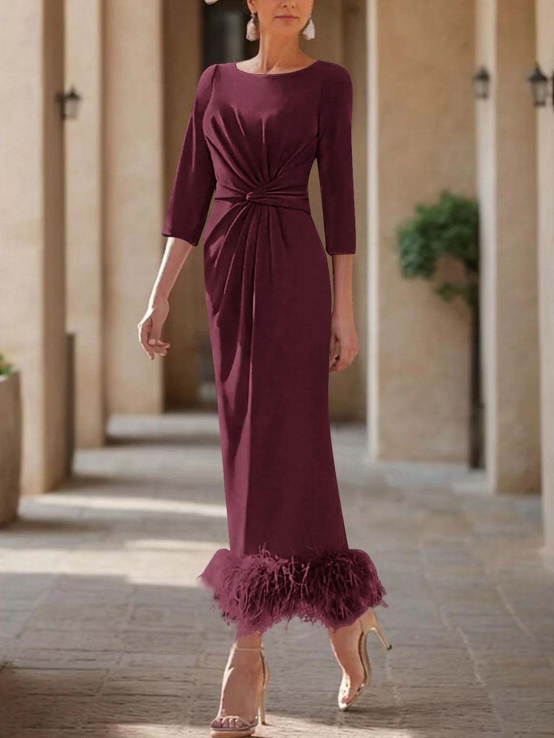 Elegant Feathered Scoop Neck Ankle Length Dress For Mothers Of The Bride